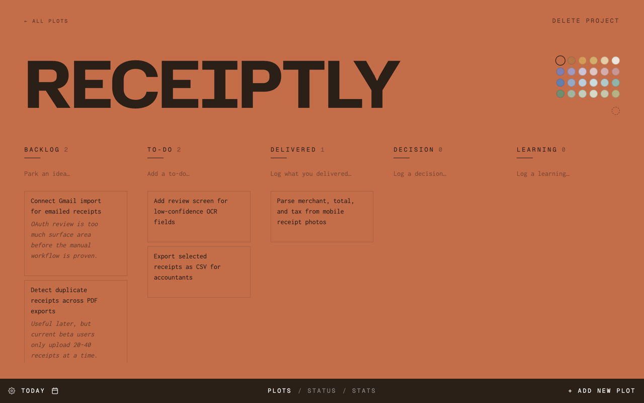 A single Plot project page with product work tracked in sections.